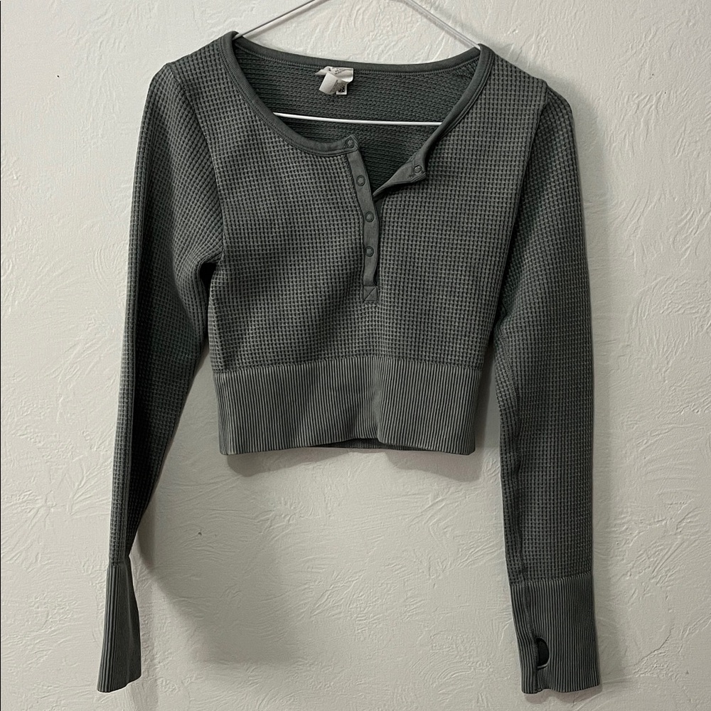 Sold Aerie Charcoal Button-Up Waffle Knit Top